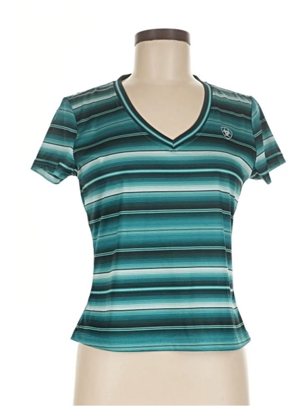 Ariat Teal and Black Striped V-Neck Short Sleeve Top